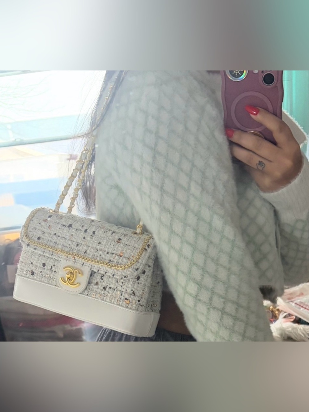 White Tweed VIP Shoulder Bag | Gold Hardware | Branded Gift Bag - Picture 12 of 14
